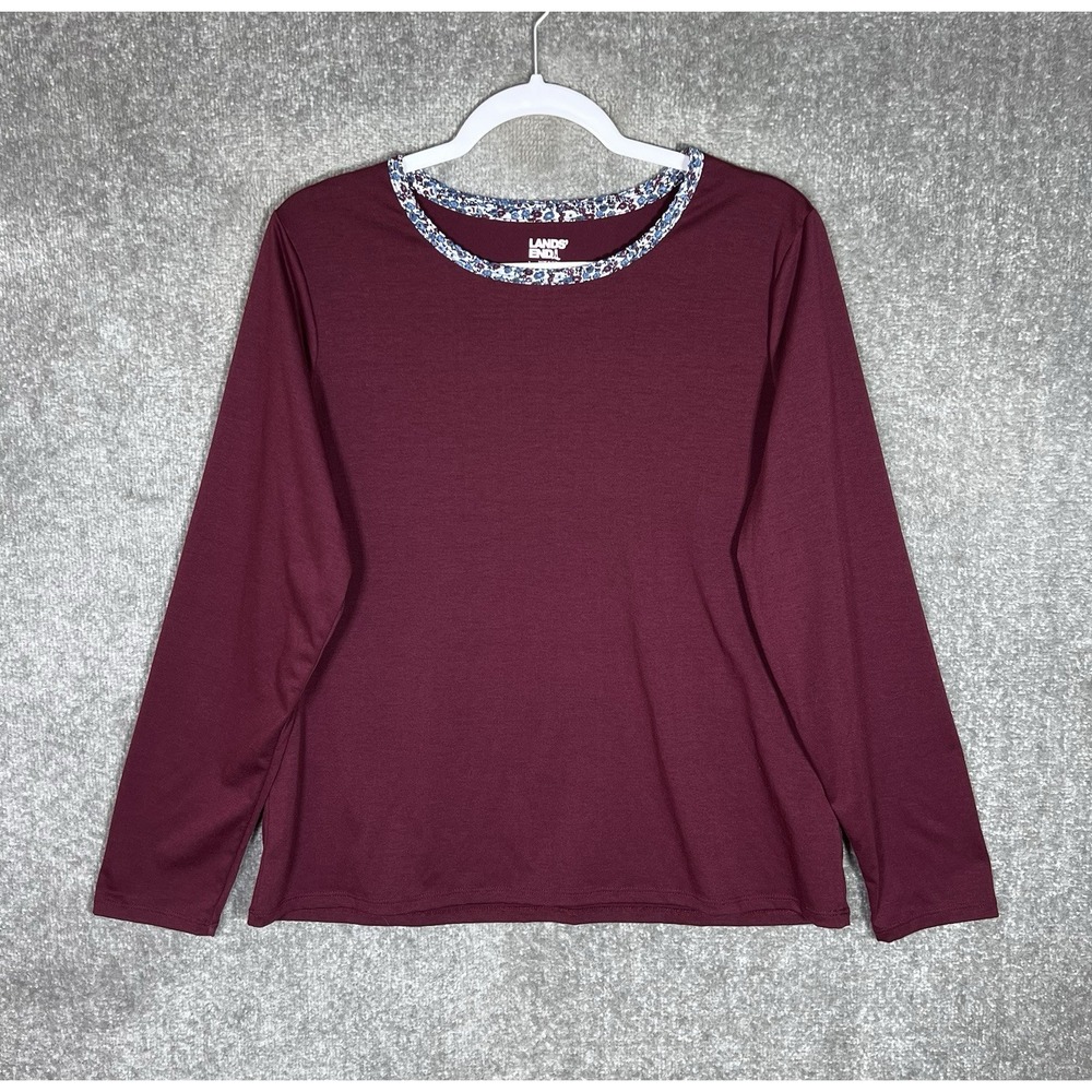 Lands End Pajama Top Shirt Womens Size Large Burgundy Blue Stretch Long Sleeve‎